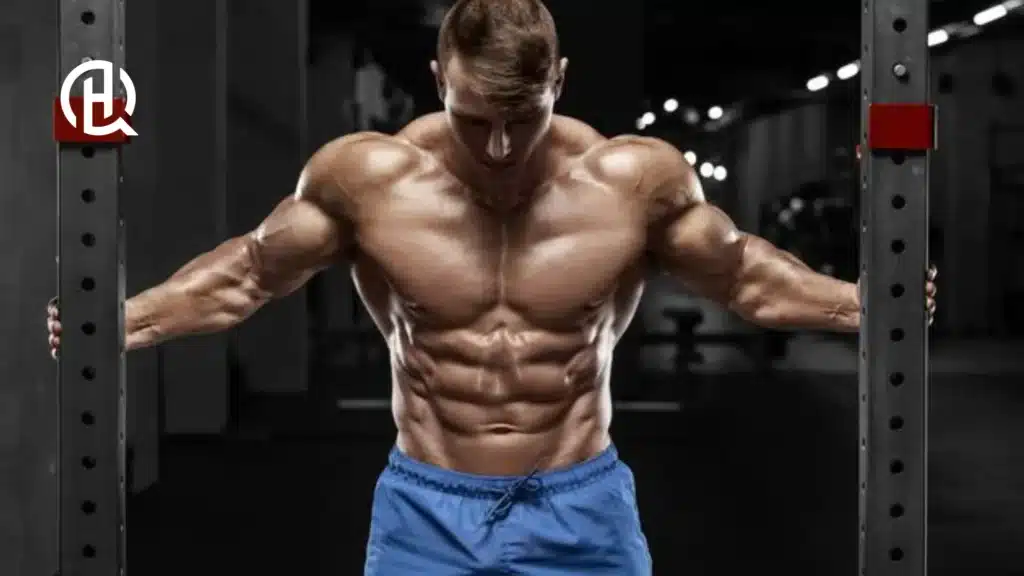topless guy flexing his chest in a gym