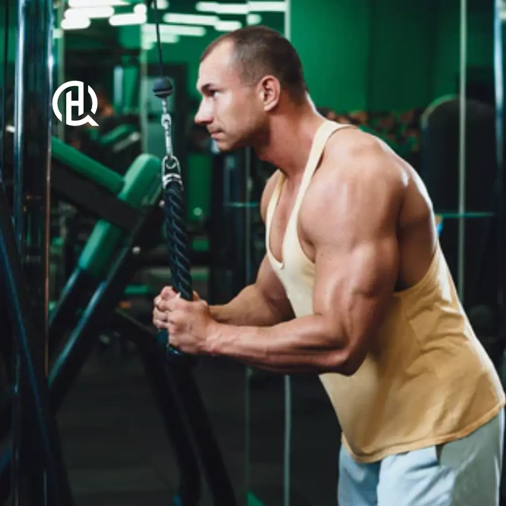 Man in wearing yellow sando doing Cable rope push down