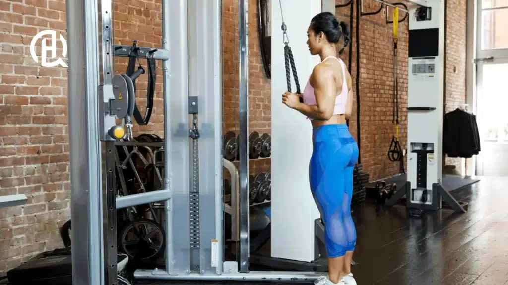 Girl in gym clothes doing Cable rope pushdown