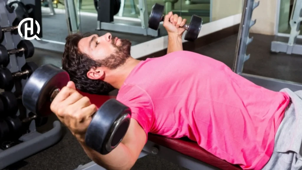 White guy in pink shirt doung incline dumbbell fly