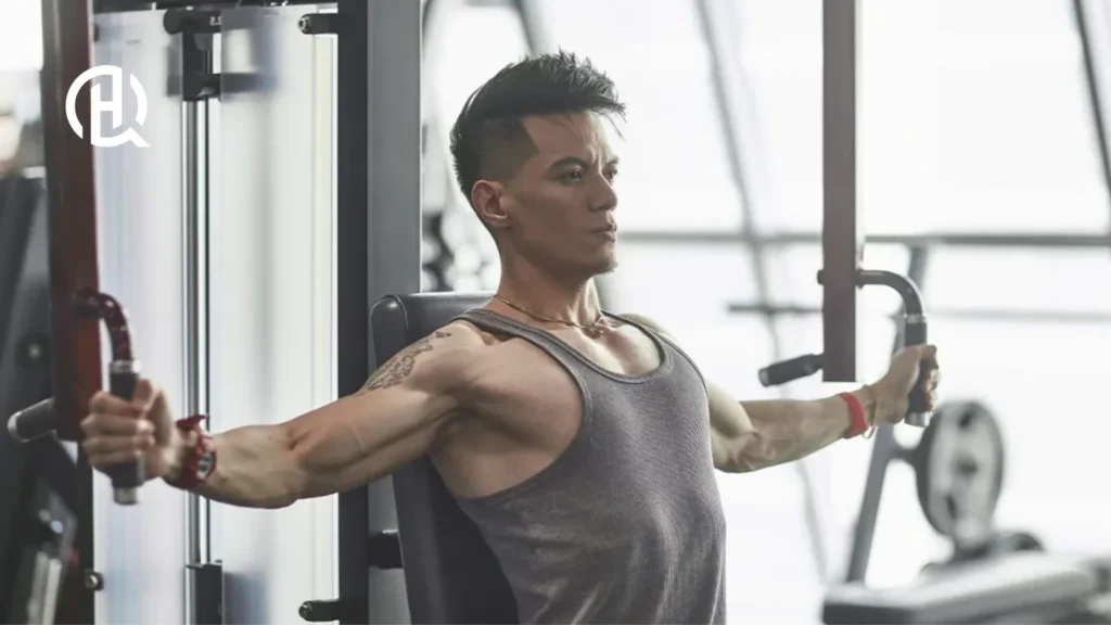 Man in gray tank top doing pec deck