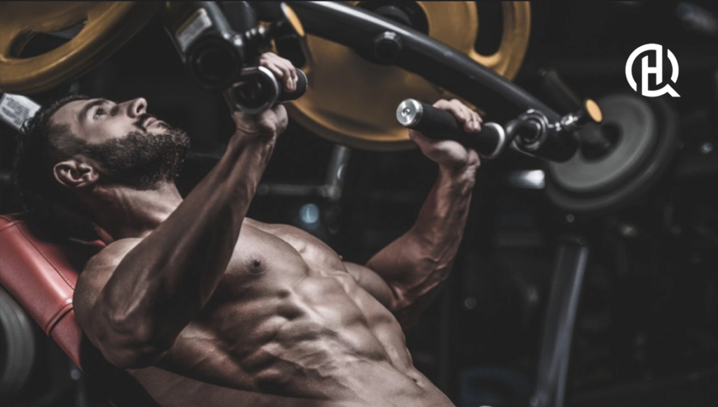 Topless man doing chest press