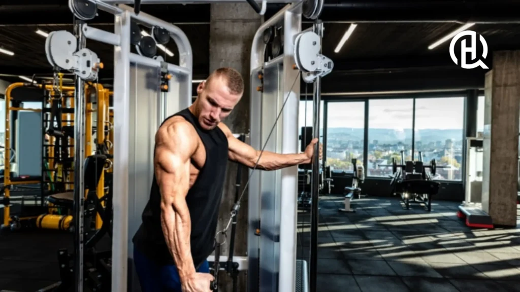 A man in black sando doing single arm tricep extension