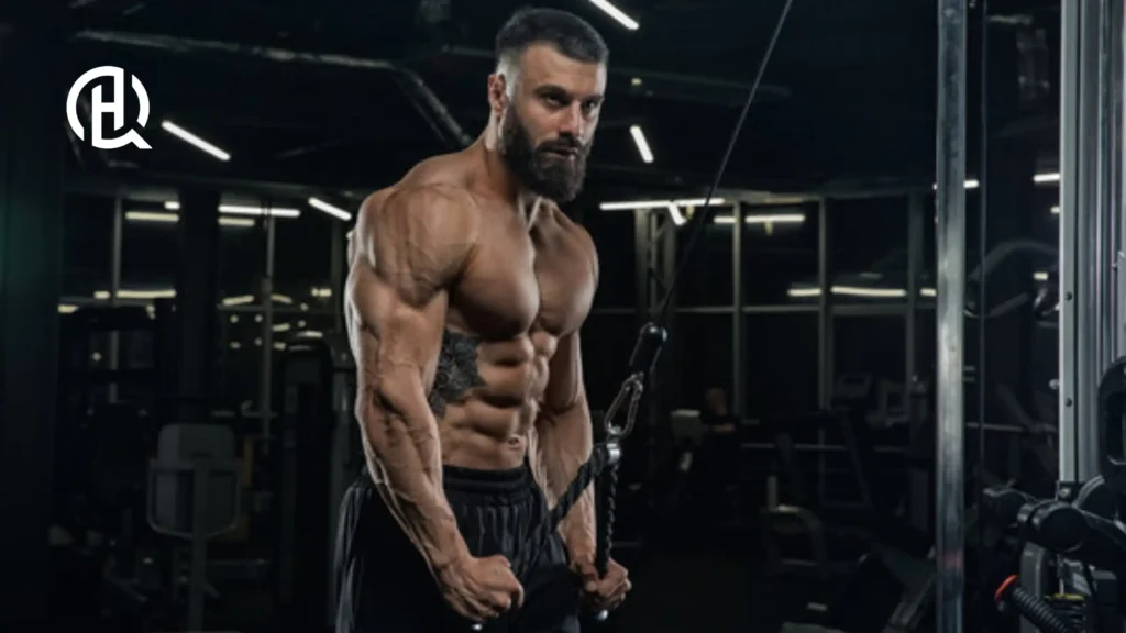A person posing for the camera whilst training arms.