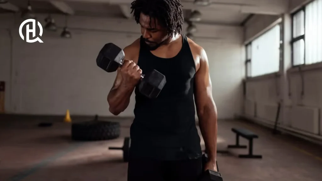 A person training arms with dumbbells.