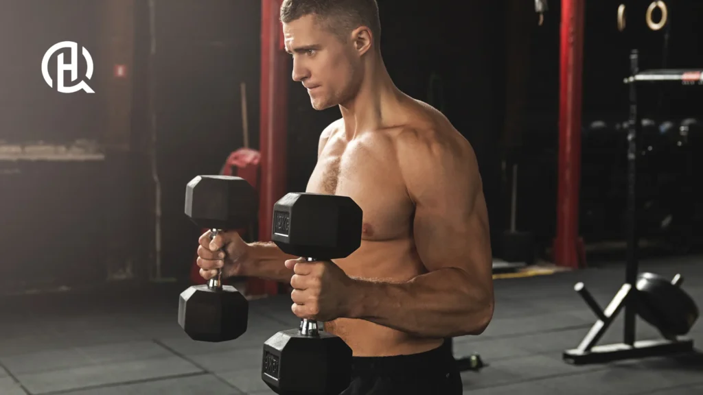 Shirtless man doing bicep exercises in a gym