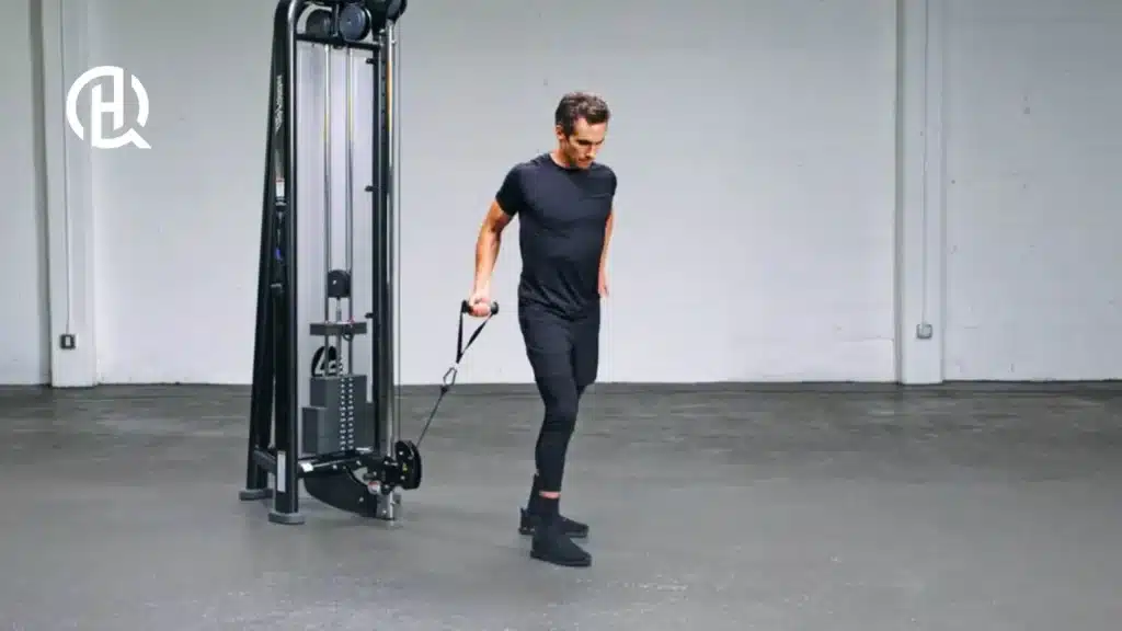 A man demonstrating a biceps exercise.