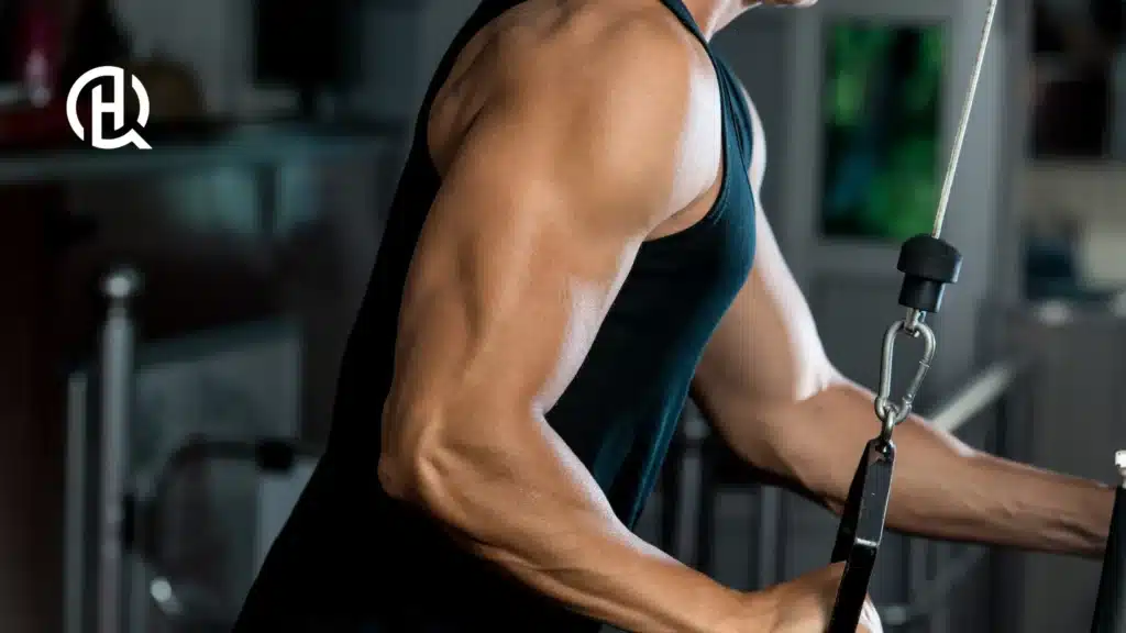 A man training arms, a close show showing his triceps.