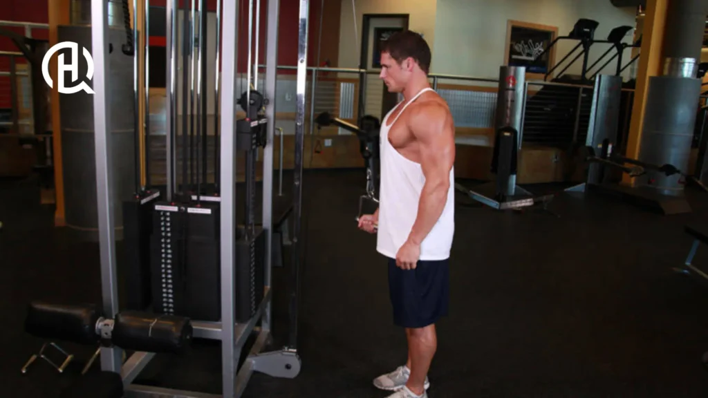 Man in white shirt training arms in the gym.