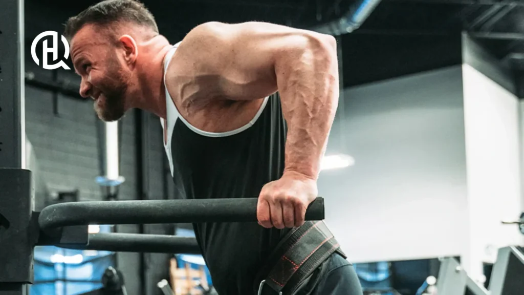 Man doing parallel bar dips on a straight bar. He is grinning while being in the deepest stretch.