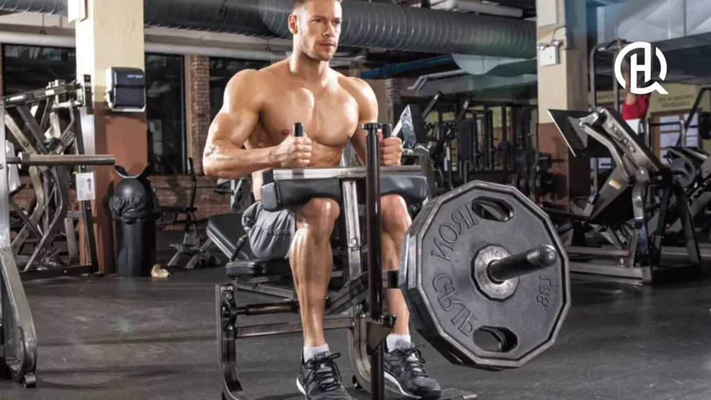 A person doing seated calf raises, facing the camera.