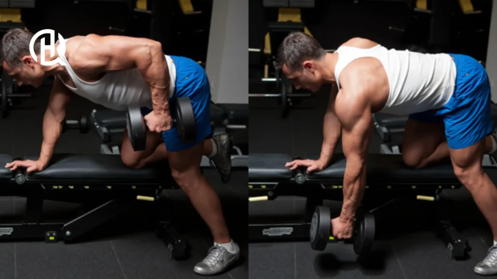 A man doing a row, whilst leaning on a bench.