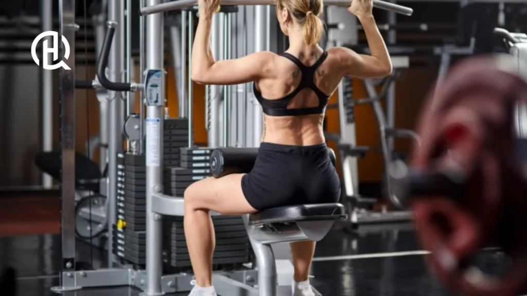 A woman seated doing lat pulldowns.