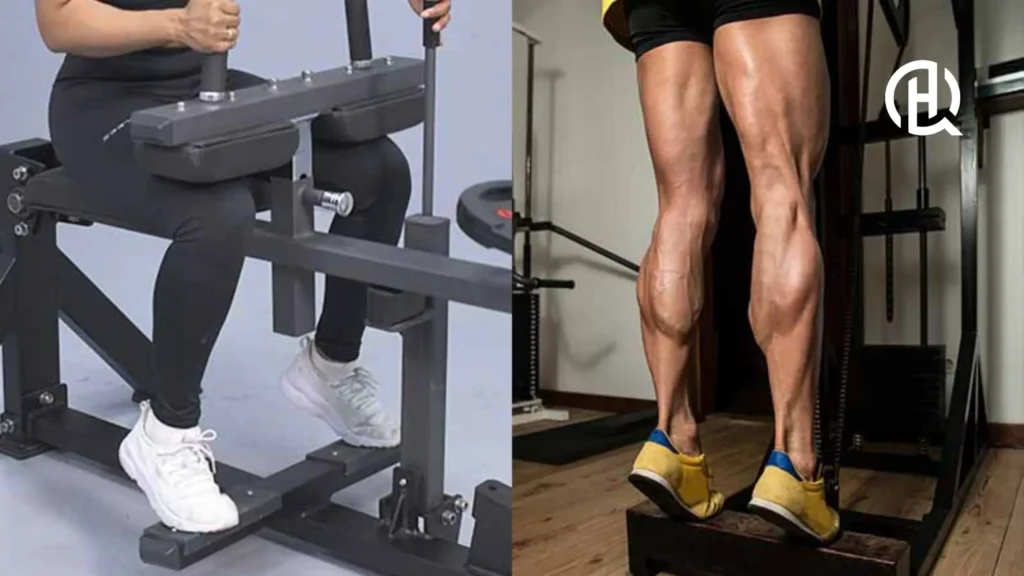 An image split in two. Showing two persons doing seated calf raise and standing calf raise.