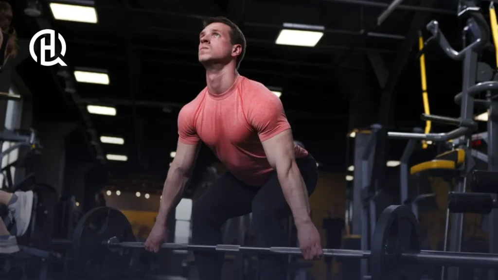 A person loading on the lower phase of the deadlift, ready to push up.