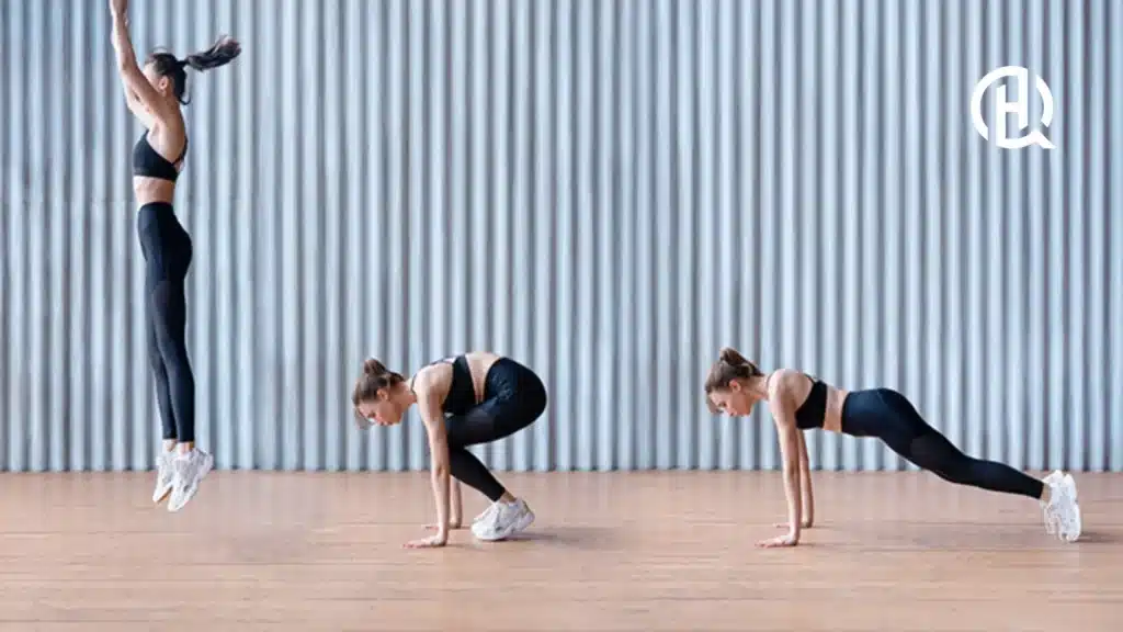 A woman doing a burpee